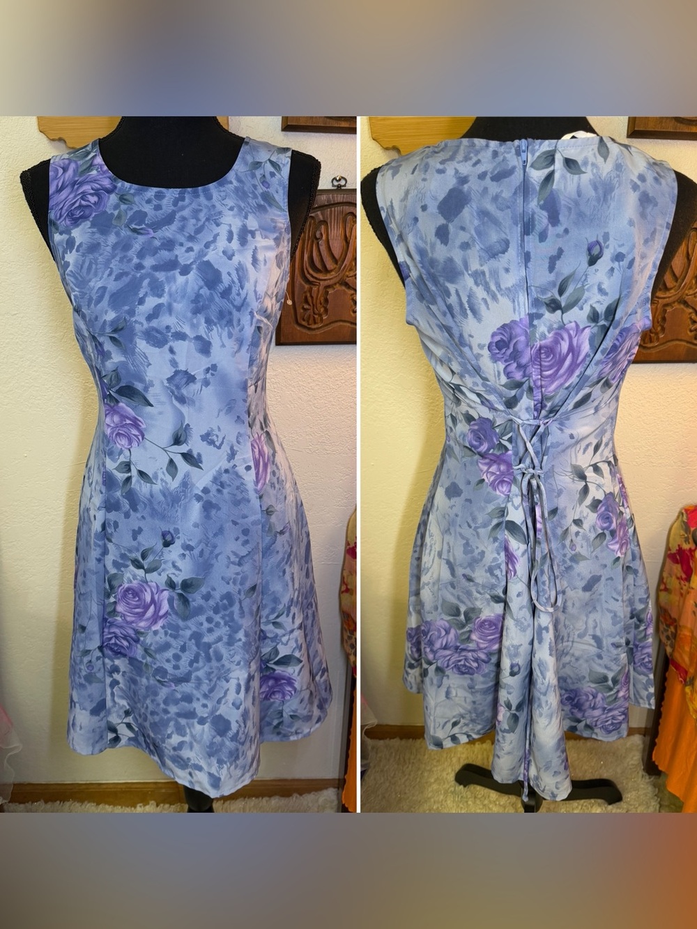 Vintage DBY Floral 90s Y2K Slip Dress 9/10 Blue Tie Back Whimsigoth Fairy Grunge